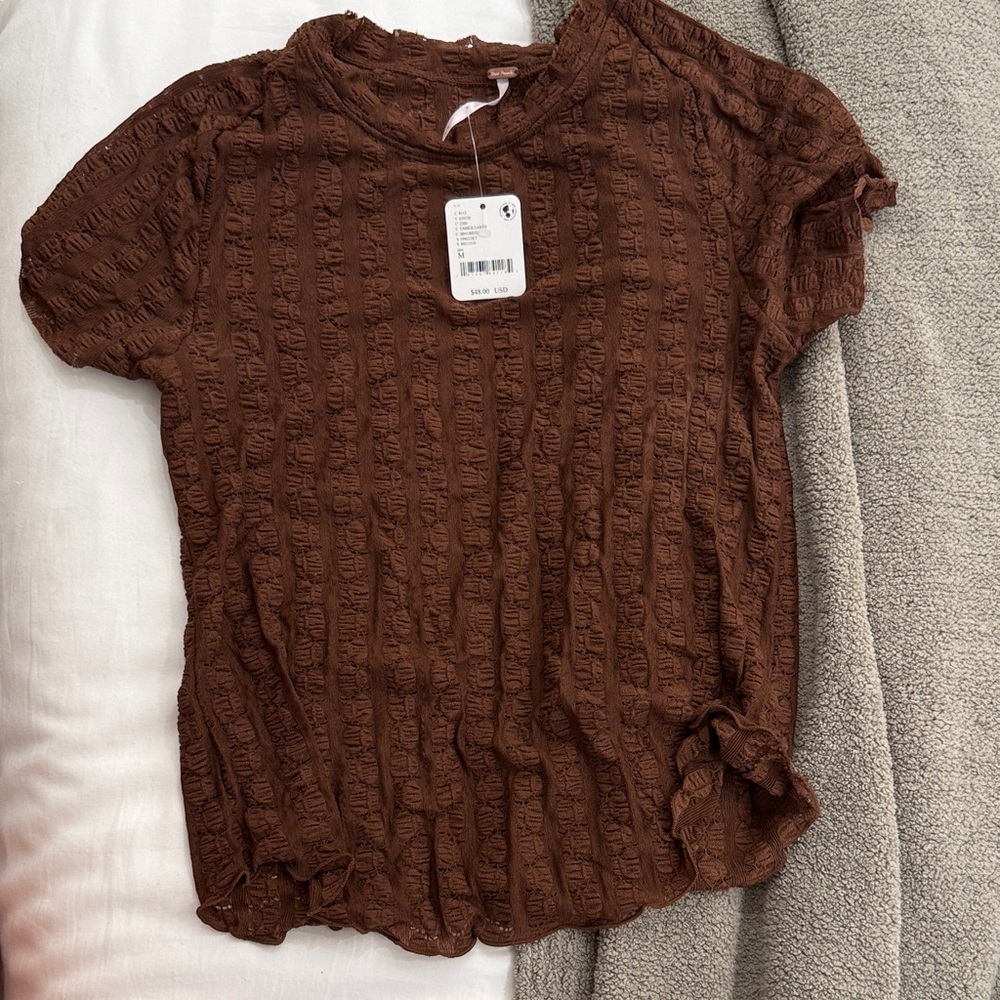 Free People Rich Brown Textured Short Sleeve Top